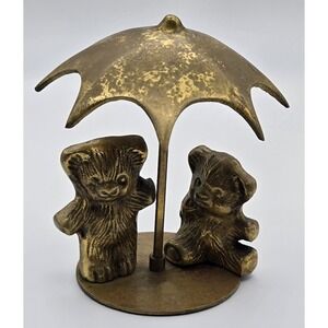 Vintage Brass Teddy Bears Figurine Under Umbrella MCM Home Decor‎ Accent Gift 5"